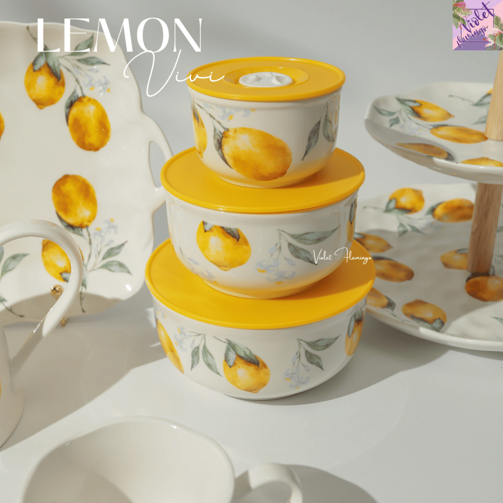 Violet Flamingo Lemon Vivi Collection ถ้วยซุป ถ้วยขนม ขนาด 12 และ 15 ซม. ถ้วยมีฝาปิดสุญญากาศ เก็บอาหารลายเลมอน