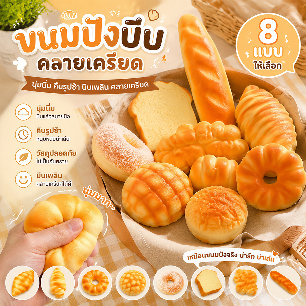 พร้อมส่ง ขนมปังสร้างสรรค์ ของเล่นสกุชชี่ คลายเครียด สกุชชี่ สกุชชี่ Squishy ของเล่นบีบอัด