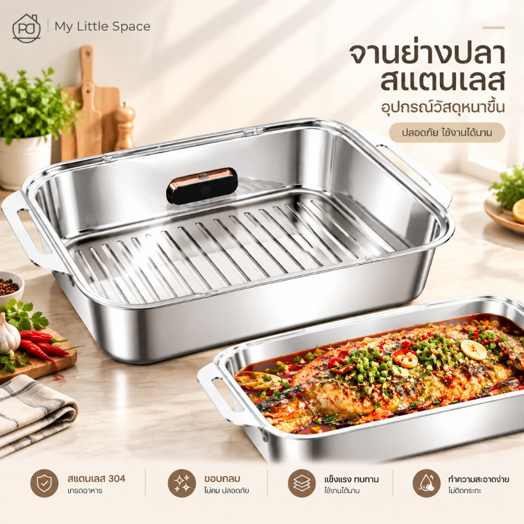 ถาดย่างปลา สแตนเลส 304 หนาพิเศษ กันน้ำมันกระเด็น ใช้ได้ทั้งเตาแก๊ส เตาแม่เหล็กไฟฟ้า พร้อมฝาปิด