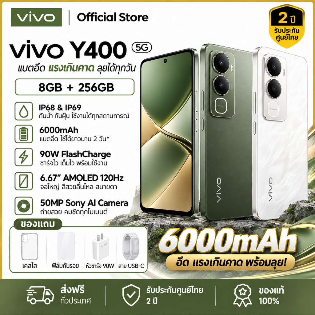 ใหม่! Vivo Y400 5G (เครื่องศูนย์) 8GB/256GB | หน้าจอ AMOLED 120Hz | กล้อง 50MP | แบตเตอรี่ 6000mAh |