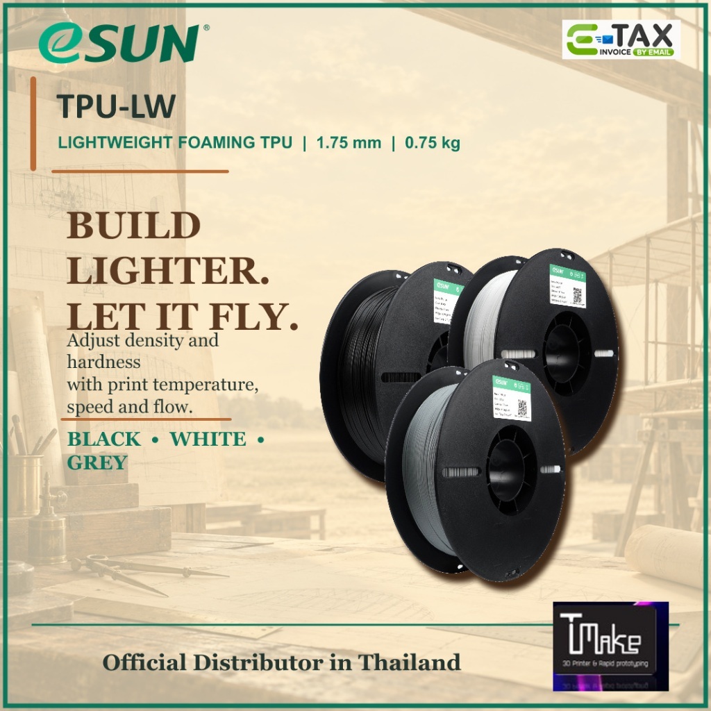 eSUN TPU-LW เส้น TPU น้ำหนักเบาแบบ Foaming 1.75 mm 0.75 kg สำหรับเครื่องพิมพ์ 3D สี Black White Grey