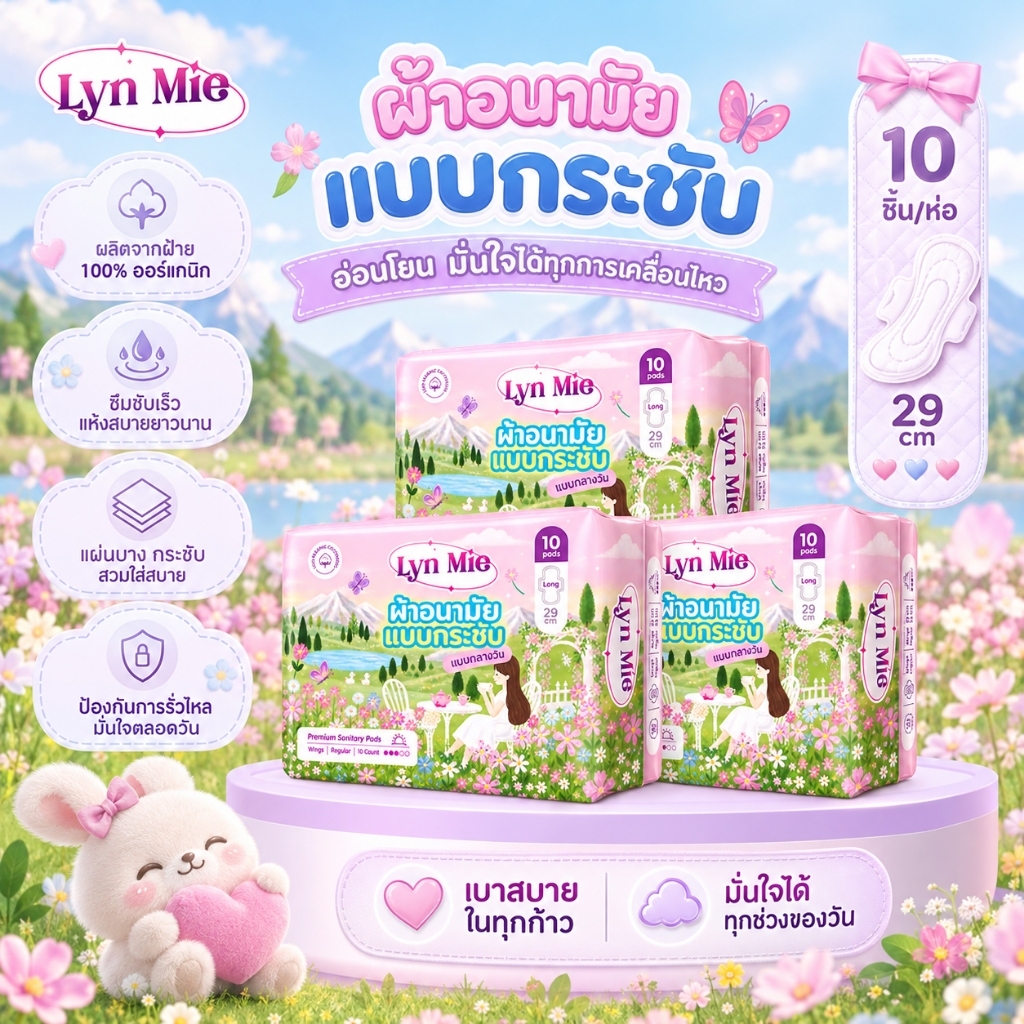 Lyn Mie ผ้าอนามัยแบบกระชับ ระบายอากาศได้ดี ปกป้องผิว ซึมซับดีตลอดวัน ขนาด29 เซนติเมตร