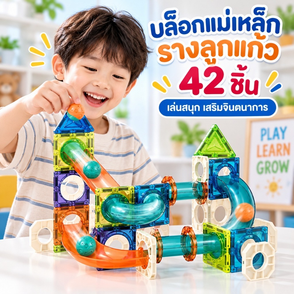 KiKi บล็อกแม่เหล็กรางบอล 42 ชิ้น Magnetic Tiles 3D ชุดตัวต่อรางลูกบอล ของเล่นเสริมทักษะ STEM เด็ก 3+