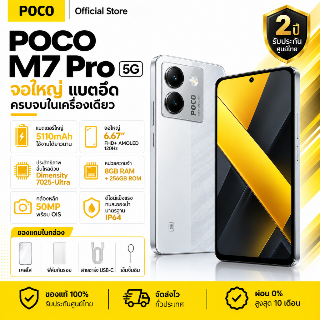 POCO M7 Pro 5G 8+256GB | แบตเตอรี่ 5110mAh | หน้าจอ 6.67” AMOLED 120Hz