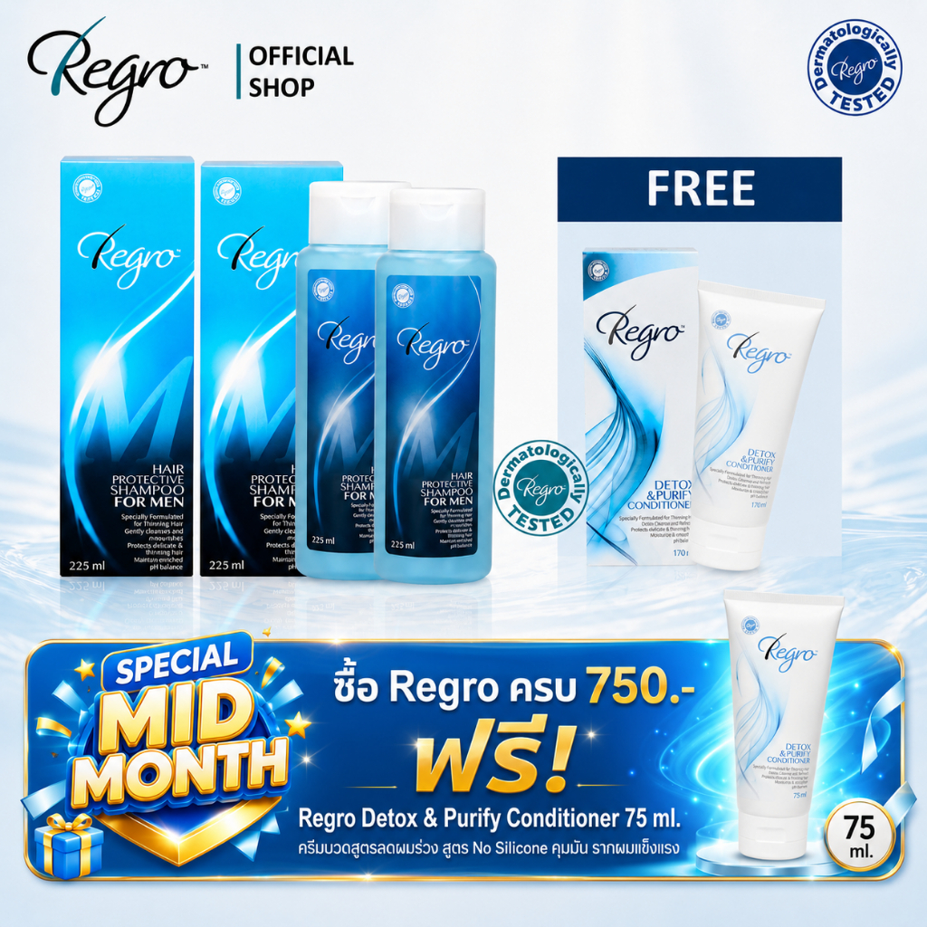 Regro Shampoo for Men Pack 2 free Detox Conditioner ชุดแชมพูลดผมร่วงสำหรับผู้ชาย 2 ขวด แถม ครีมนวดลดผมร่วงไม่มีซิลิโคน