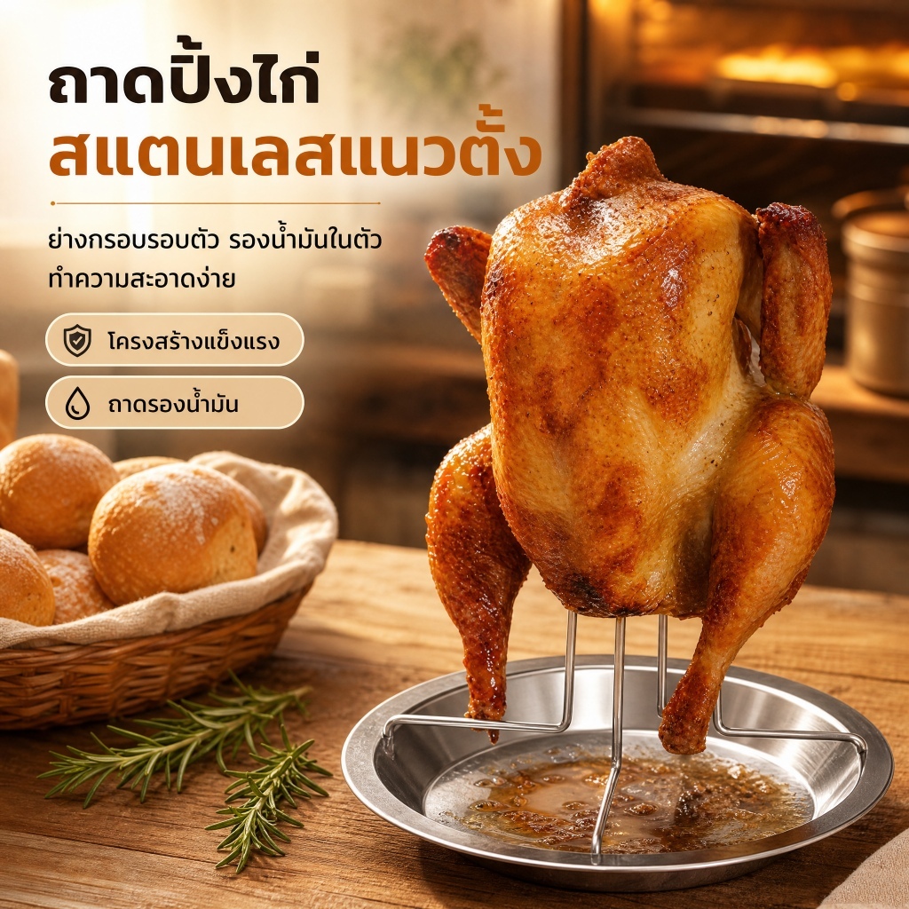 ที่ย่างไก่แนวตั้งสแตนเลส ไม่ติด ทนร้อน 16.5x17ซม. พร้อมถาดรอง ใช้งานทนทาน
