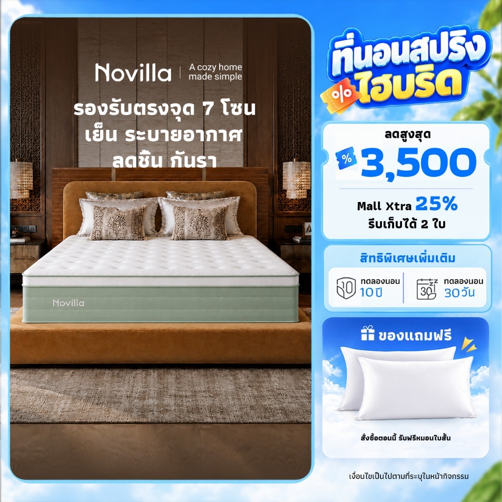 Novilla ที่นอน คูลลิ่งดับเบิ้ล เจล+ผ้าไหมไอซ์ สปริงถุงแยกไร้เสียง 3.5/5/6 ฟุต​ ความหนา 10 นิ้ว