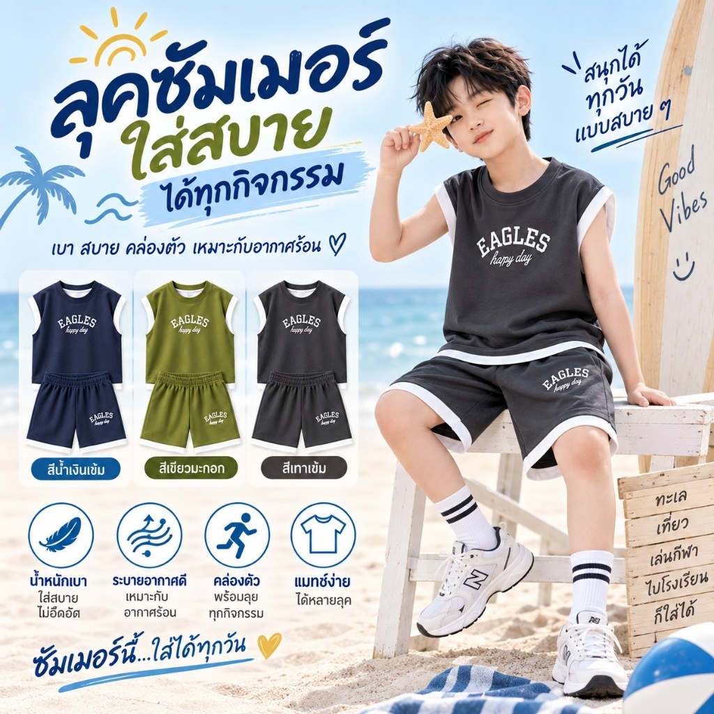 ชุดเด็กผู้ชาย ชุดลำลองเด็ก เสื้อแขนกุดเด็ก กางเกงขาสั้น เซต 2 ชิ้น เบาสบาย ระบายอากาศดี เด็ก 2-15 ปี