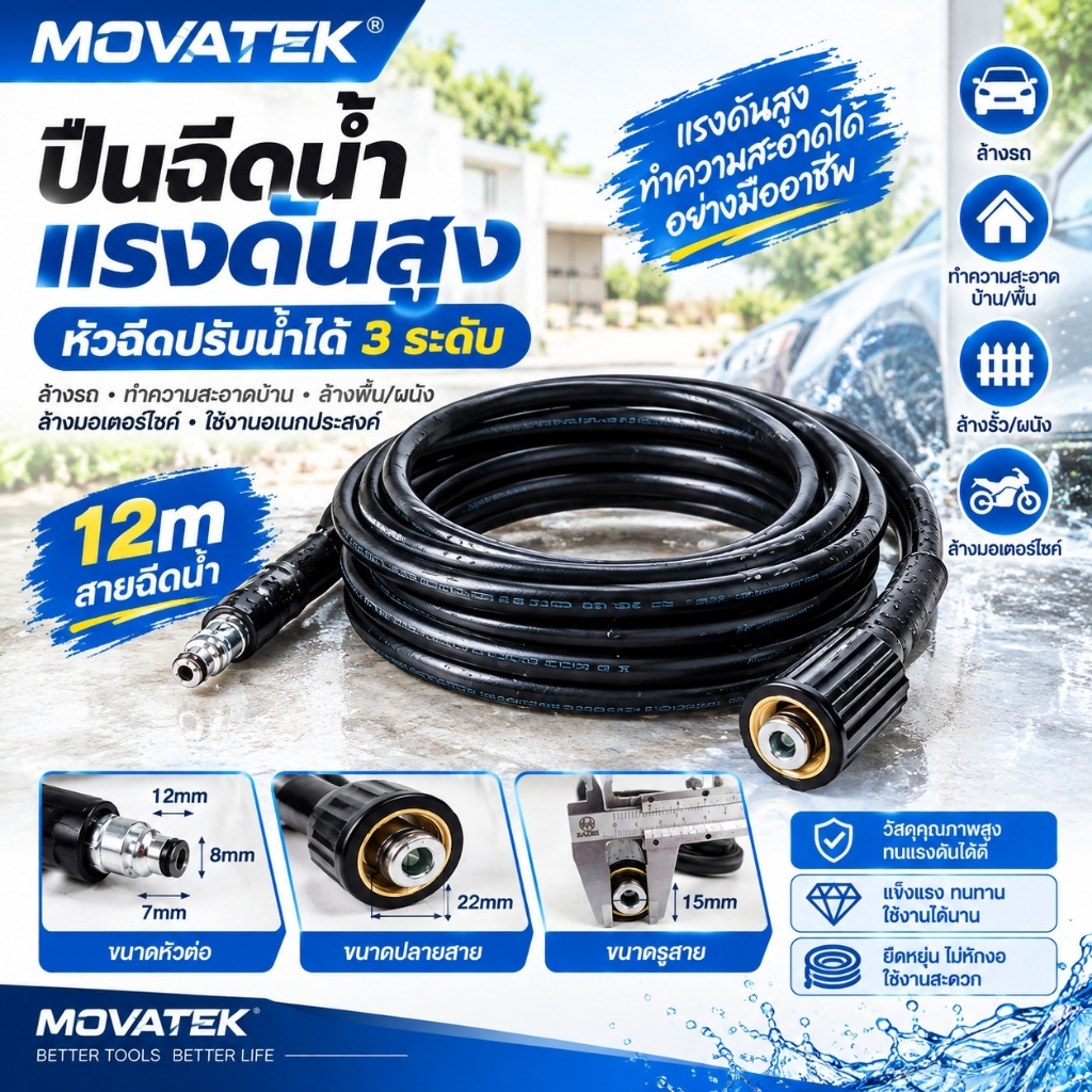 MOVATEK สายเครื่องฉีดน้ำแรงดันสูง 15 เมตร สายฉีดน้ำแรงดันสูง แข็งแรง ทนทาน สำหรับเครื่องล้างรถ เครื่องฉีดน้ำแรงดันสูง