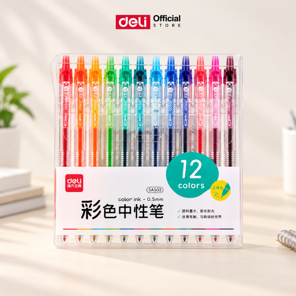ปากกาเจลสี 12 สี Deli รุ่น SA502 ขนาดเส้น 0.5mm Gel pen (จำหน่าย 1 ชุด/12สี)