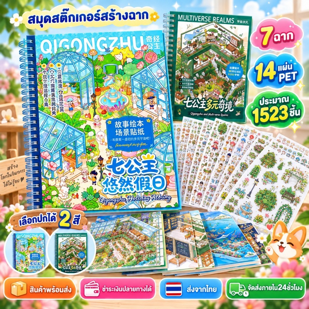 สมุดสติกเกอร์ภูมิทัศน์ขดลวดขนาดใหญ่ชุดวันหยุดพักผ่อนน่ารักเจ็ดฉากเจ้าหญิงซ้อนเด็ก ทําเอง สติกเกอร์
