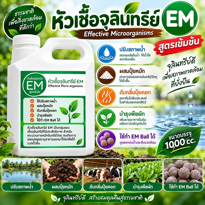 หัวเชื้อจุลินทรีย์ EM (Effective Microorganisms) สูตรเข้มข้น ขนาดบรรจุ 1000cc ใช้ปรับสภาพน้ำ, ดับกลิ่นไม่พึงประสงค์