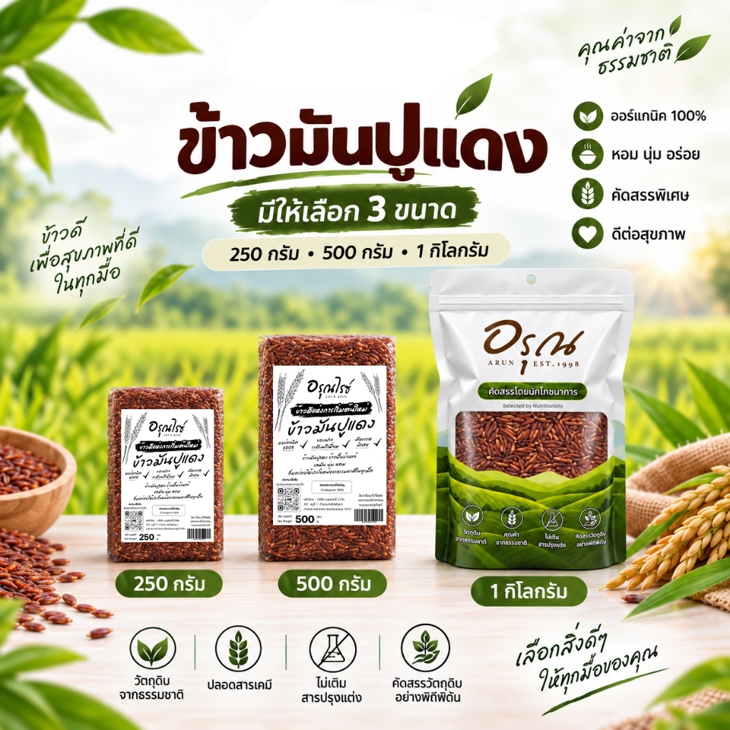 [ อรุณไรซ์ ] ข้าวแดงมันปู หอมนุ่ม หุงขึ้นหม้อ อร่อยสุดๆ ขนาด 250/500/1000 กรัม