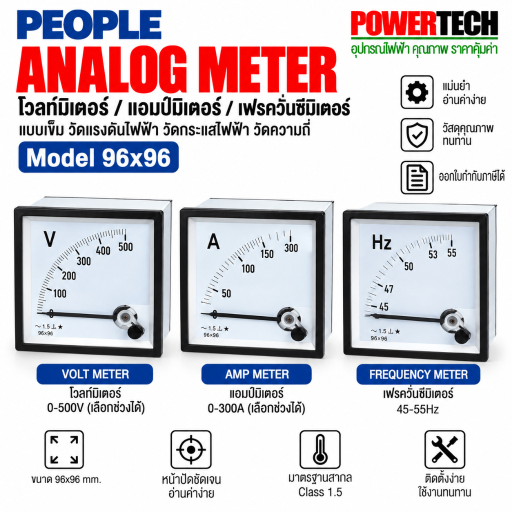People โวลท์ มิเตอร์, แอมป์มิเตอร์ วัดแรงดันไฟฟ้า วัดกระแสไฟฟ้า แบบ เข็ม AnalogMeter Volt Meter, Amp Meter Model 96x96