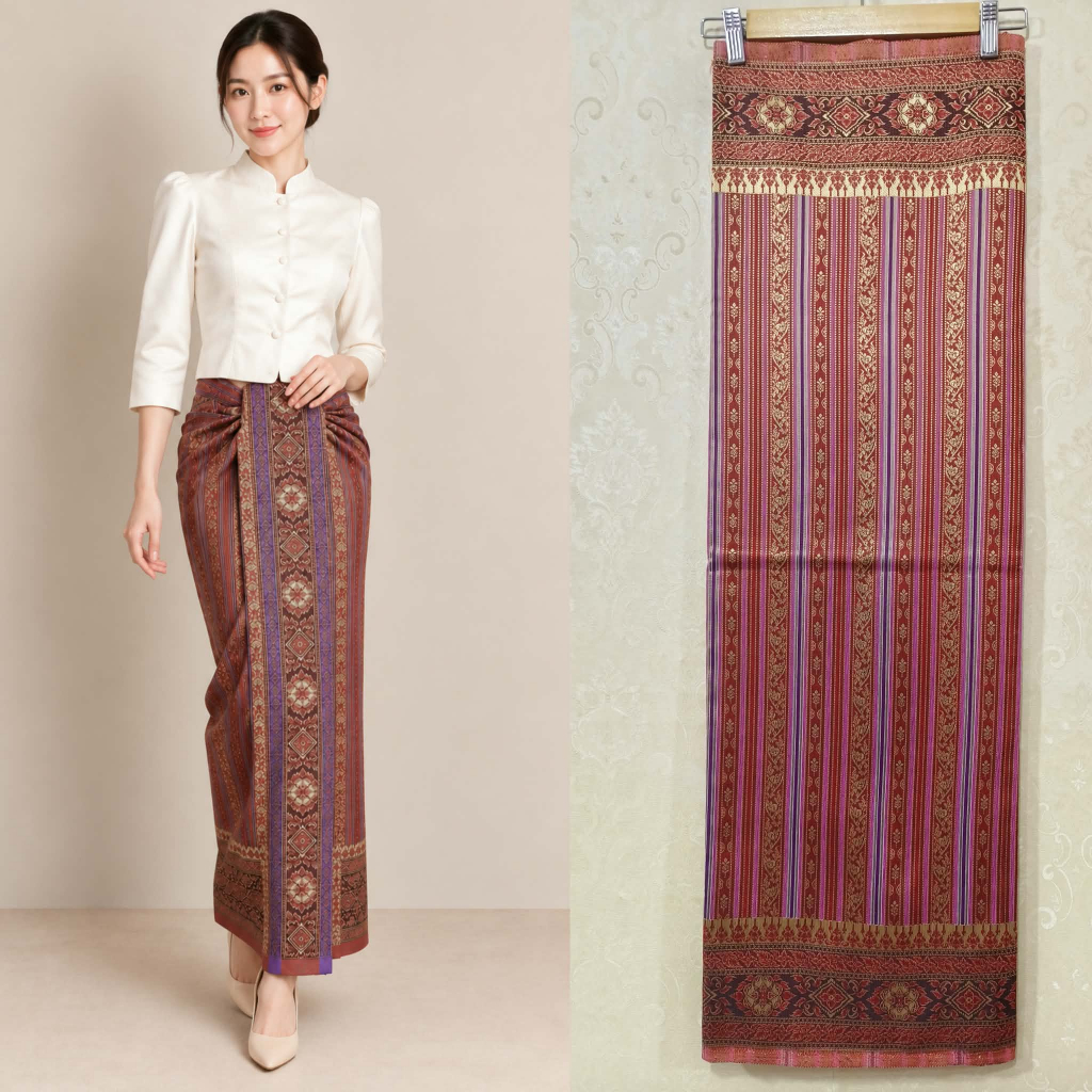 ผ้าฝ้ายบุพเพสันนิวาส ผ้าทอลายไทย ผ้าถุงผ้าซิ่น 2-4หลา ตัดชุดไทย นุ่งโจง