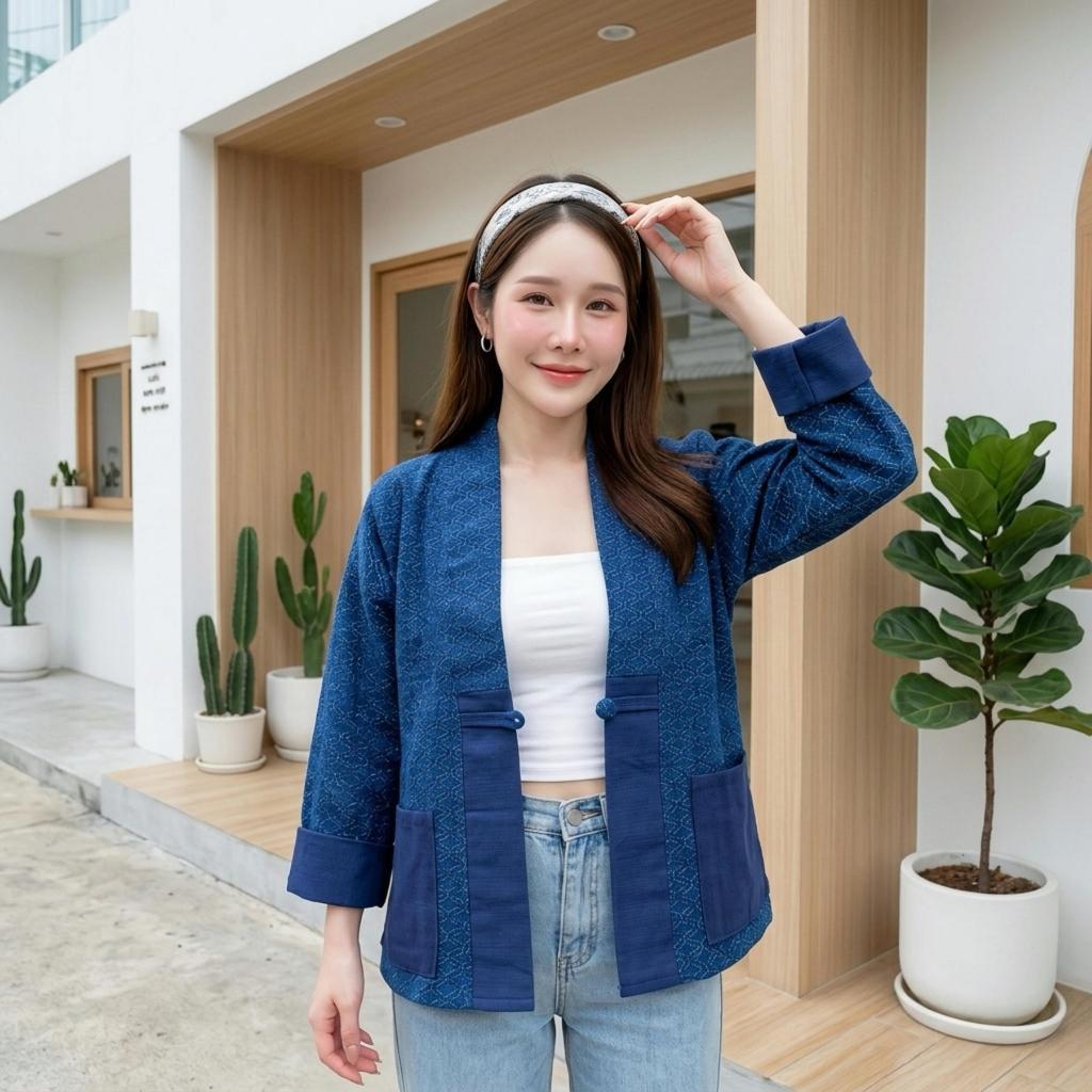 เสื้อคลุมผ้าฝ้ายฟอกสโตนวอส ทรงยูโด แต่งกระดุมเงิน เนื้อนุ่มใส่สบาย