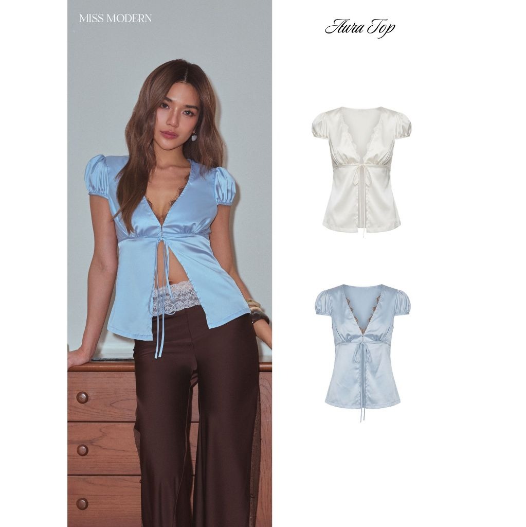 MISSMODERN - Aura Top เสื้อคอวี แขนตุ๊กตา ผ้าซาติน