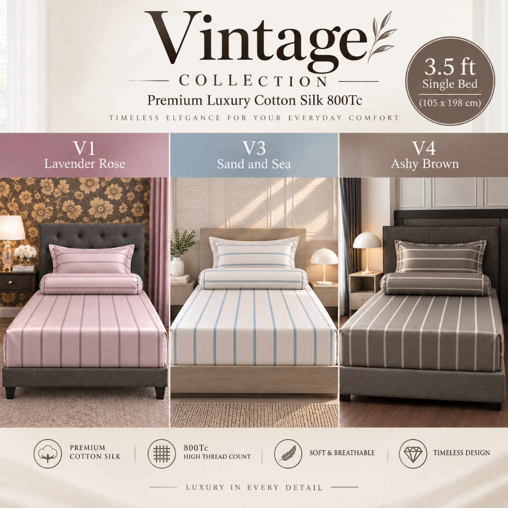 ผ้าปูที่นอน 3.5 ฟุต รุ่น Vintage 800 เส้นด้ายทอแน่น กันไรฝุ่น ลายริ้ว SAFE&SOUND