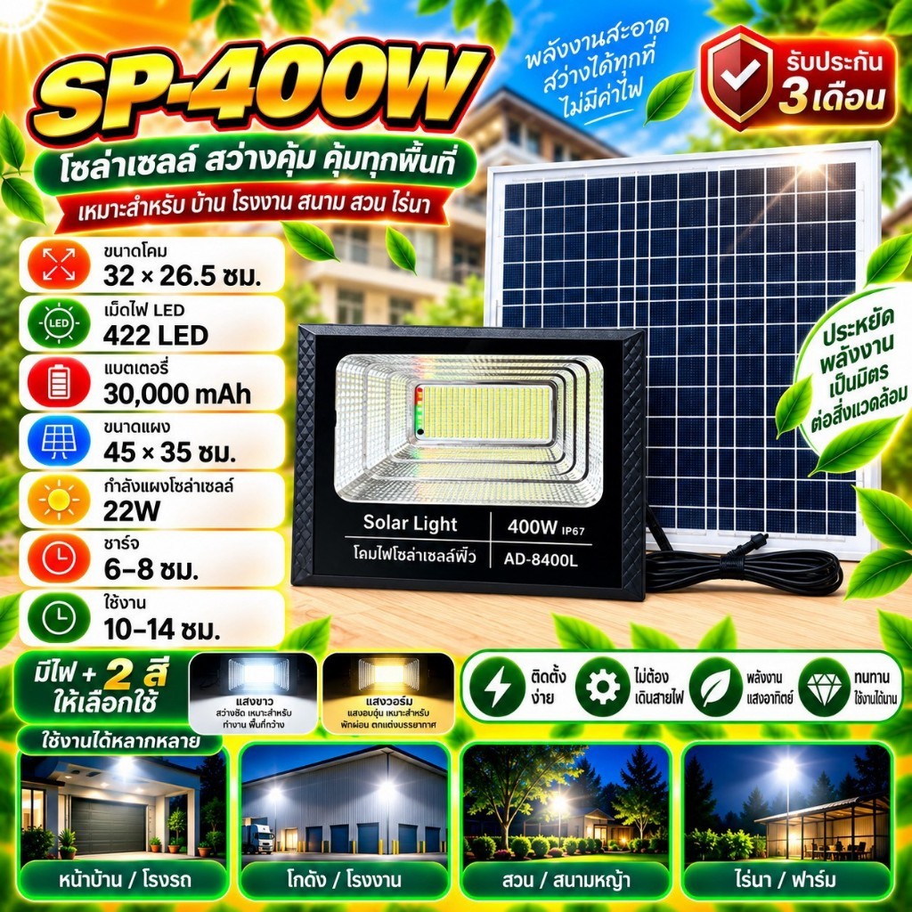 แท้100% สปอร์ตไลท์ 200W 150W 100W 50W สว่างยันเช้า ของแท้ 100% ไฟโซล่าเซลล์ ไฟพลังงานแสงอาทิตย์ ไฟสปอร์ตไลท์ solar cell