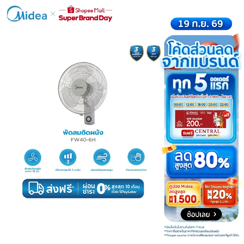 Midea พัดลมติดผนังไมเดีย (Wall Fan) 16 นิ้ว รุ่น FW40-6H (เชือก) *รับประกันสินค้า 3 ปี