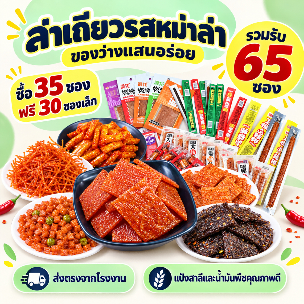 ขนมล่าเถียว 35 แถม30(ซองเล็ก)คละแบบ คละมากกว่า15 รสชาติ รวมรสความอร่อย ปรุงรสหม่าล่า รสเผ็ดเบาๆหอมอร่อย