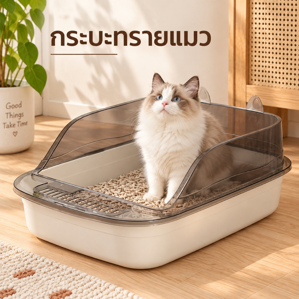 กระบะพาสเทล ห้องน้ำแมว กระบะทรายแมว ฟรีที่ตัก รุ่นขอบสูง มีช่องดักทราย กระบะแมว
