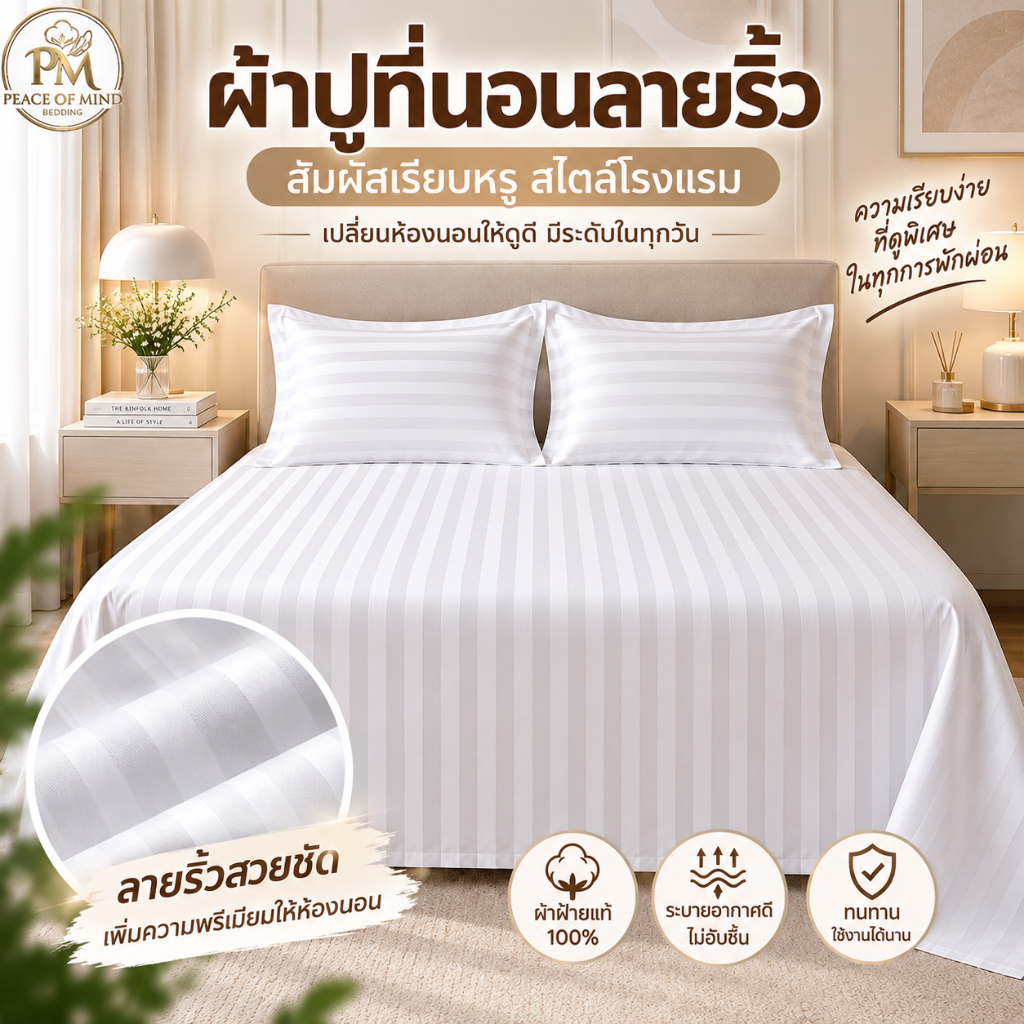 ผ้าปูที่นอนสีขาว เกรดโรงแรม ผ้าคอตต้อน100% แบบลวดลาย ทนต่อการซัก ไม่เหลืองง่าย ไม่เป็นขุยง่าย 3.5/5/6ฟุต