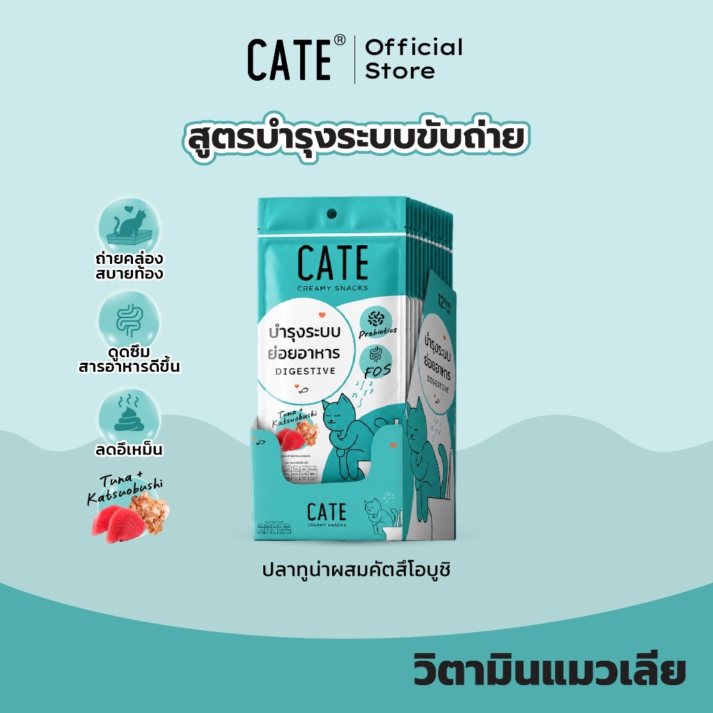 (ครึ่งโหล/ยกโหล) CATE เคท ขนมแมวเลีย สูตรบำรุงระบบย่อยอาหาร พรีไบโอติก รสทูน่าผสมคัตสึโอบูชิ วิตามินแมวเลีย ไม่เติมเกลือ