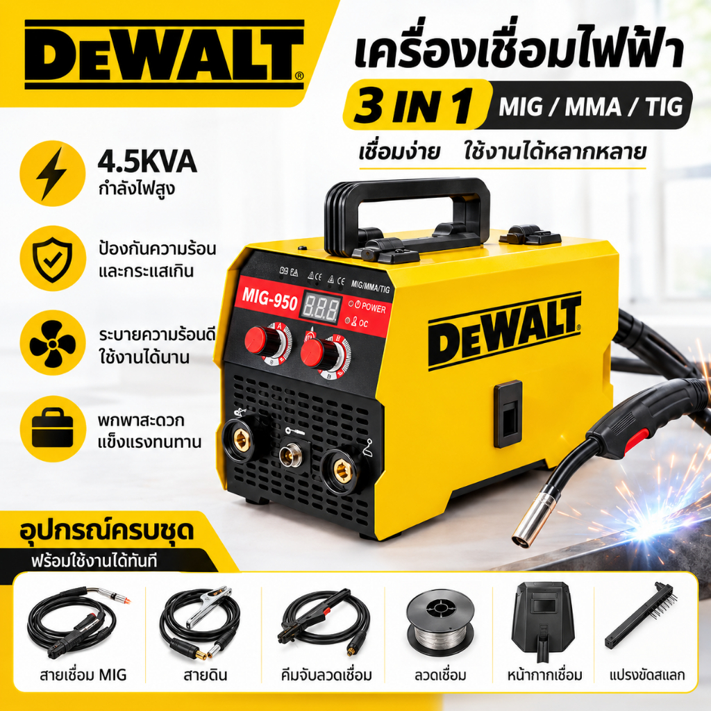 เครื่องเชื่อม MIG-950 แบบ 3-in-1 (MIG/TIG/MMA) รองรับไฟ 220V พกพาสะดวก เหมาะสำหรับงานเชื่อมเหล็กและเหล็กคาร์บอน