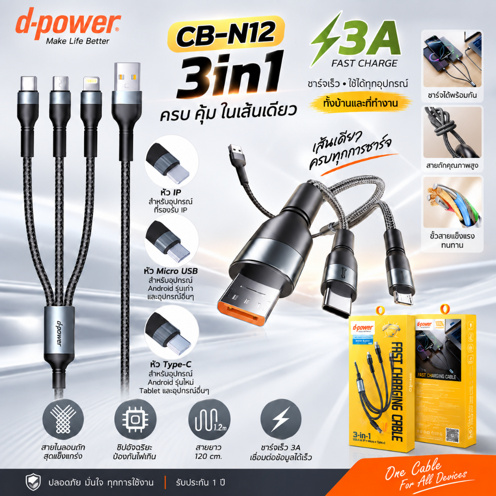 d-power สายชาร์จ 3in1 USB To Type-C+Micro+iP Charger Fast charging 2.4A,3A max รุ่น CB-N10,CB-N12