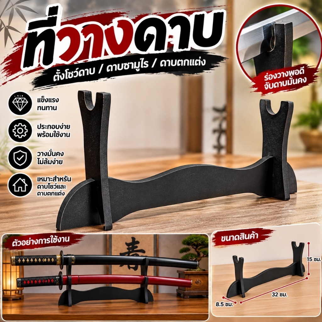 ที่วางดาบ ชั้นวางดาบตั้งโต๊ะ ฐานโชว์ดาบ สำหรับดาบซามูไร คาตานะ ดาบตกแต่ง ประกอบง่าย สีดำ