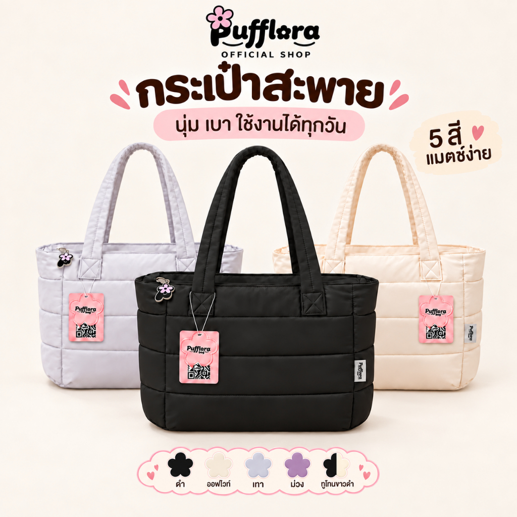 Pufflora กระเป๋าสะพายข้าง กระเป๋าถือ กระเป๋าโน้ตบุ๊ค รุ่น Signature Puffer ใบใหญ่ ช่องเก็บของหลายช่อง ใส่Laptop/iPadได้