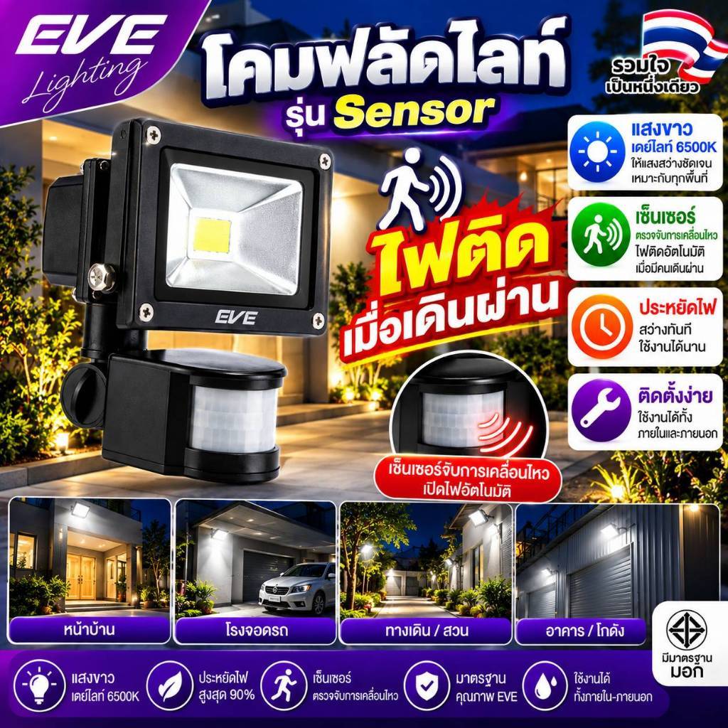 [ ลดราคา ] EVE โคมฟลัดไลท์ แอลอีดี LED เดินผ่านแล้วติด รุ่น SENSOR ขนาด 20 - 50 วัตต์ แสงขาว 6500K