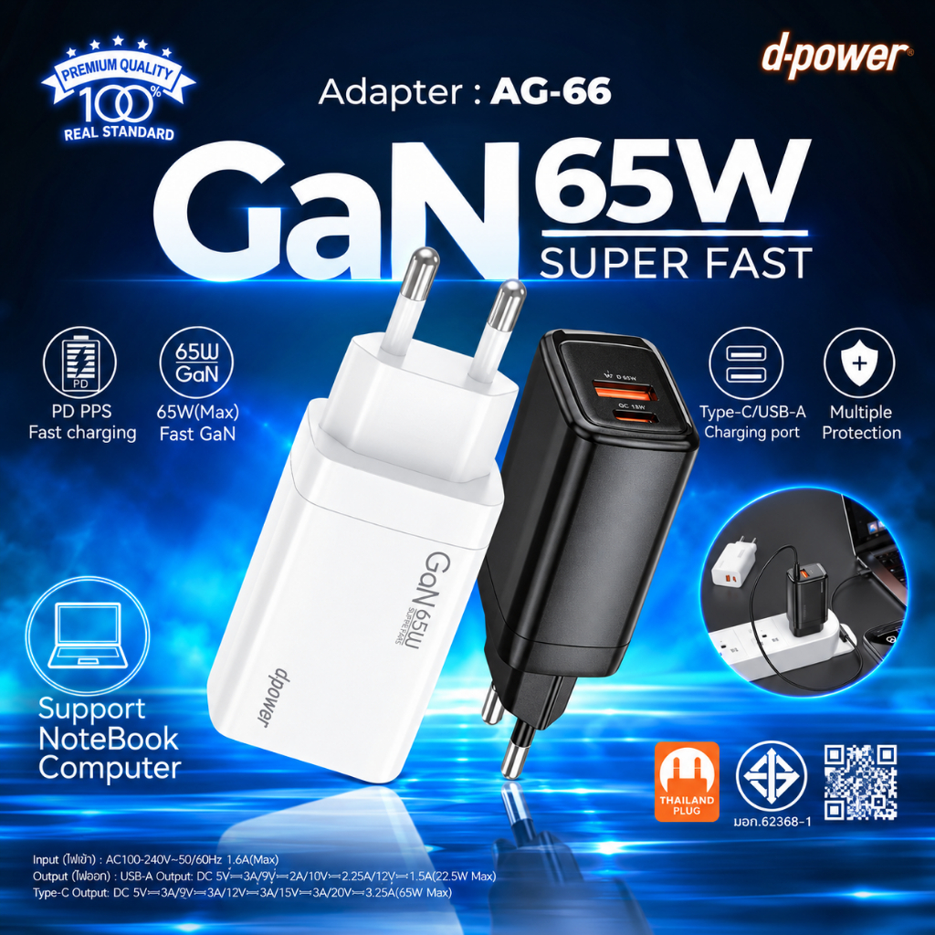 d-power Adapter GaN65W Super Fast Charger สีขาว รุ่น AG-66 หัวชาร์จเร็ว PD 65W 2 พอร์ต Type C/USB-A