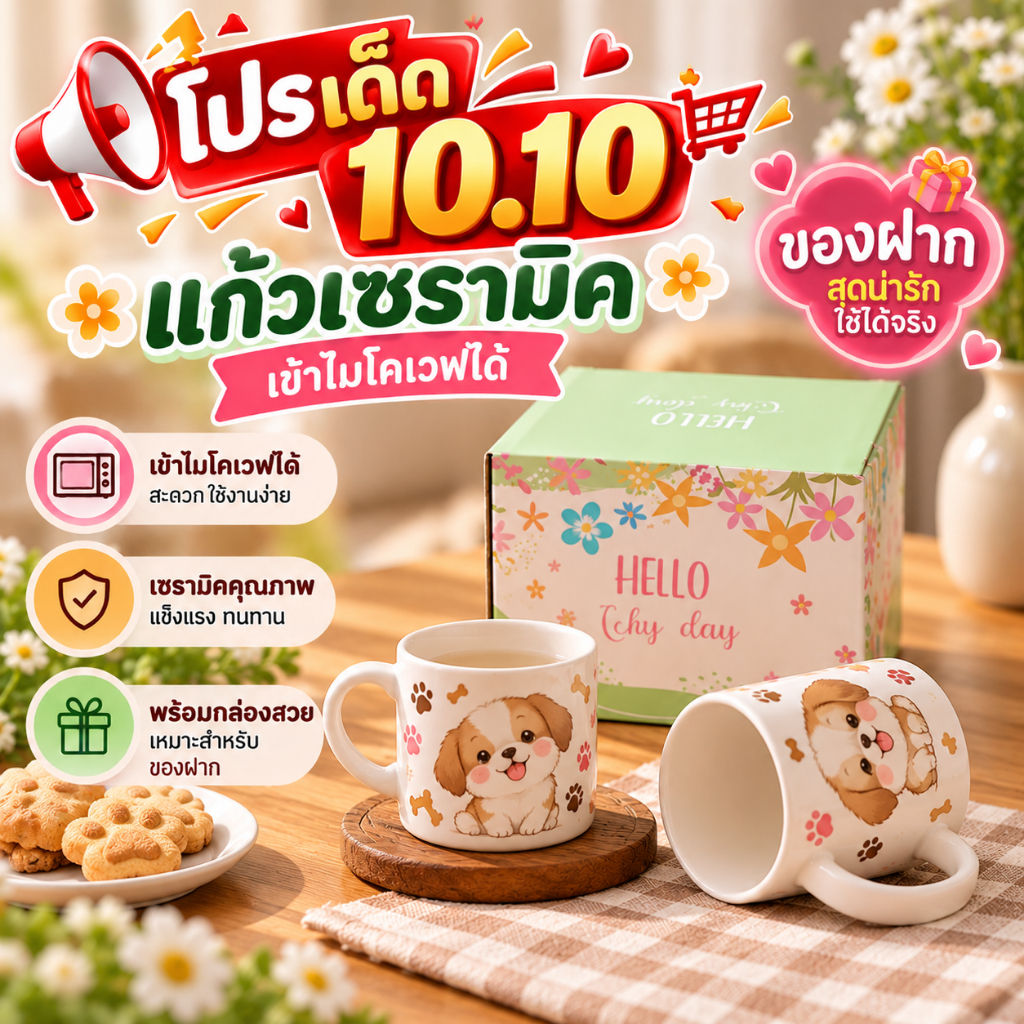 กล่องเขียว(เกรดพรีเมี่ยม)แก้วเซรามิคพร้อมช้อนคละลายรูปทรงตามภาพ