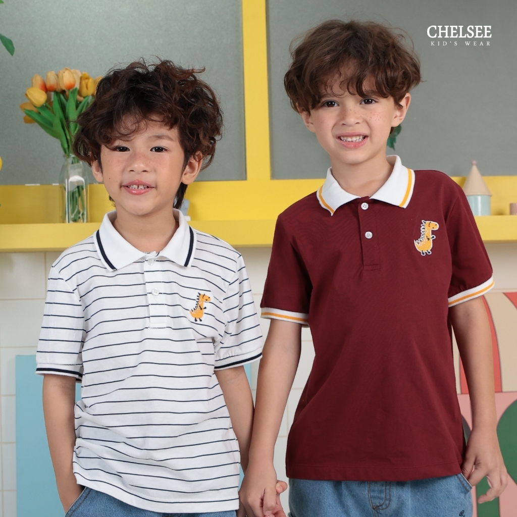 Chelsee قميص بولو أولاد قطن مقلّم بتطريز ديناصور — صورة 8