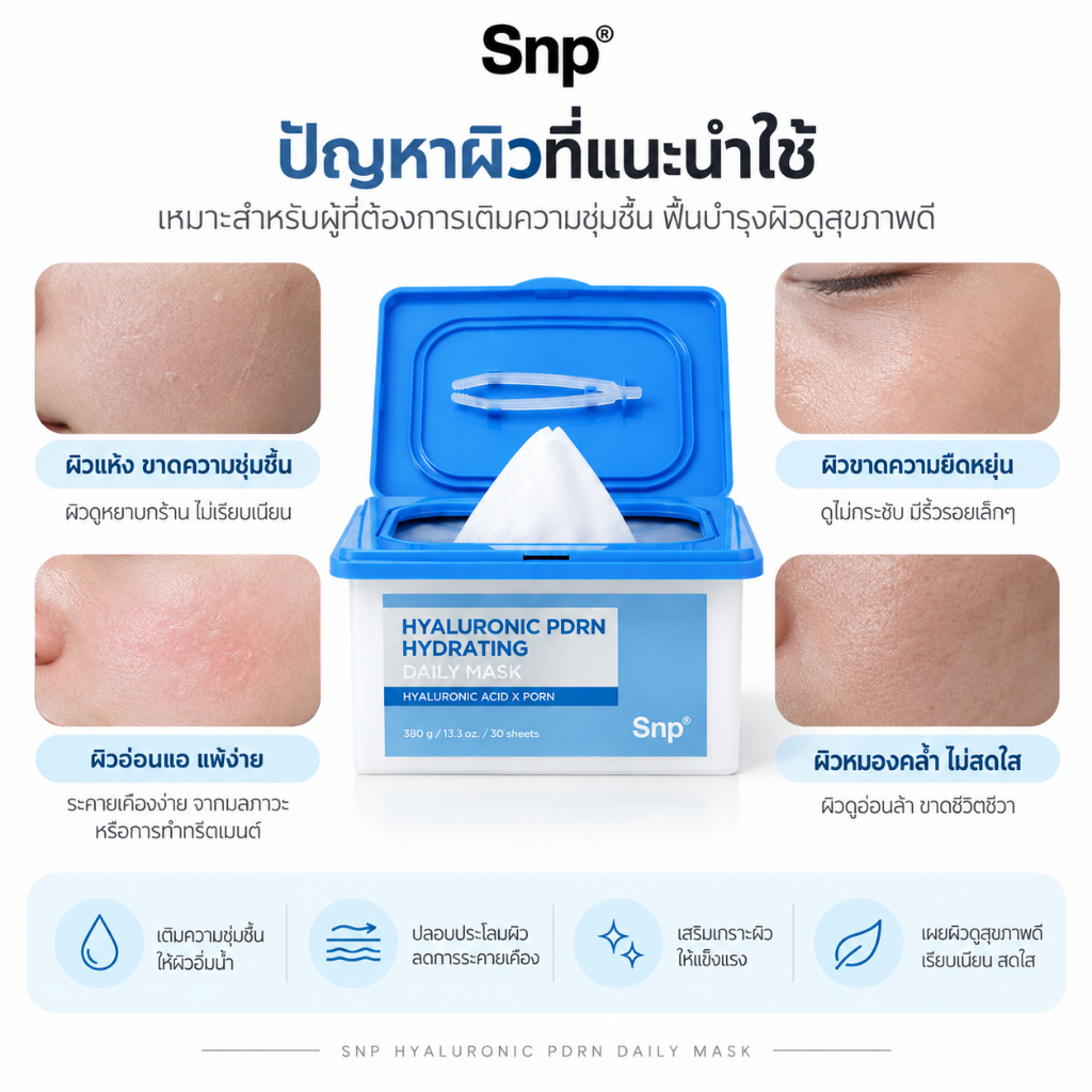 [มาส์กเพิ่มความชุ่มชื้น] SNP Hyaluronic PDRN Hydrating Daily Mask 30 Sheets — صورة 3