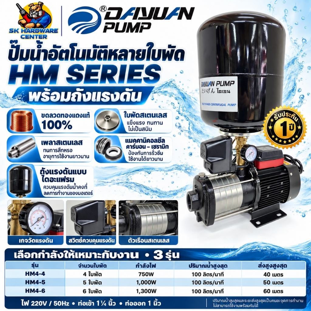 ปั้มน้ำออโต้แรงดันสูง 4-6ใบพัด กำลัง 750-1300w ขนาดเข้า 1.1/4นิ้ว ออก 1นิ้ว DAYUAN รุ่น HM SET AUTO