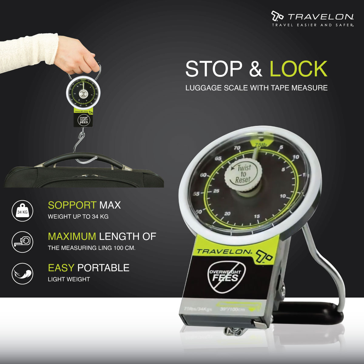 Travelon Stop & Lock Luggage Scale with Tape Measure