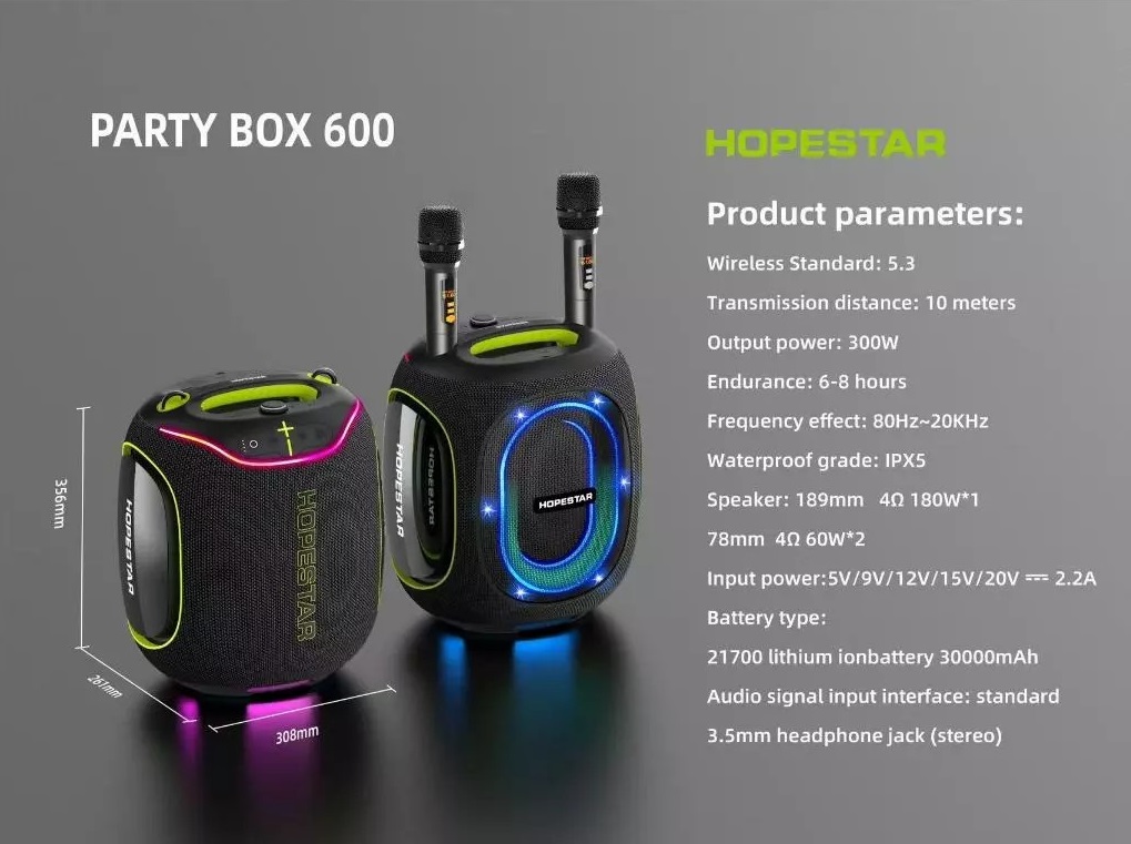 HOPESTAR ลำโพงบลูทูธ 300วัตต์ รุ่น Partybox 600 ไมค์ลอย 2ตัว กันน้ำ IPX5 ของแท้ประกันศูนย์ไทย 1ปี - รายละเอียดสินค้า 6