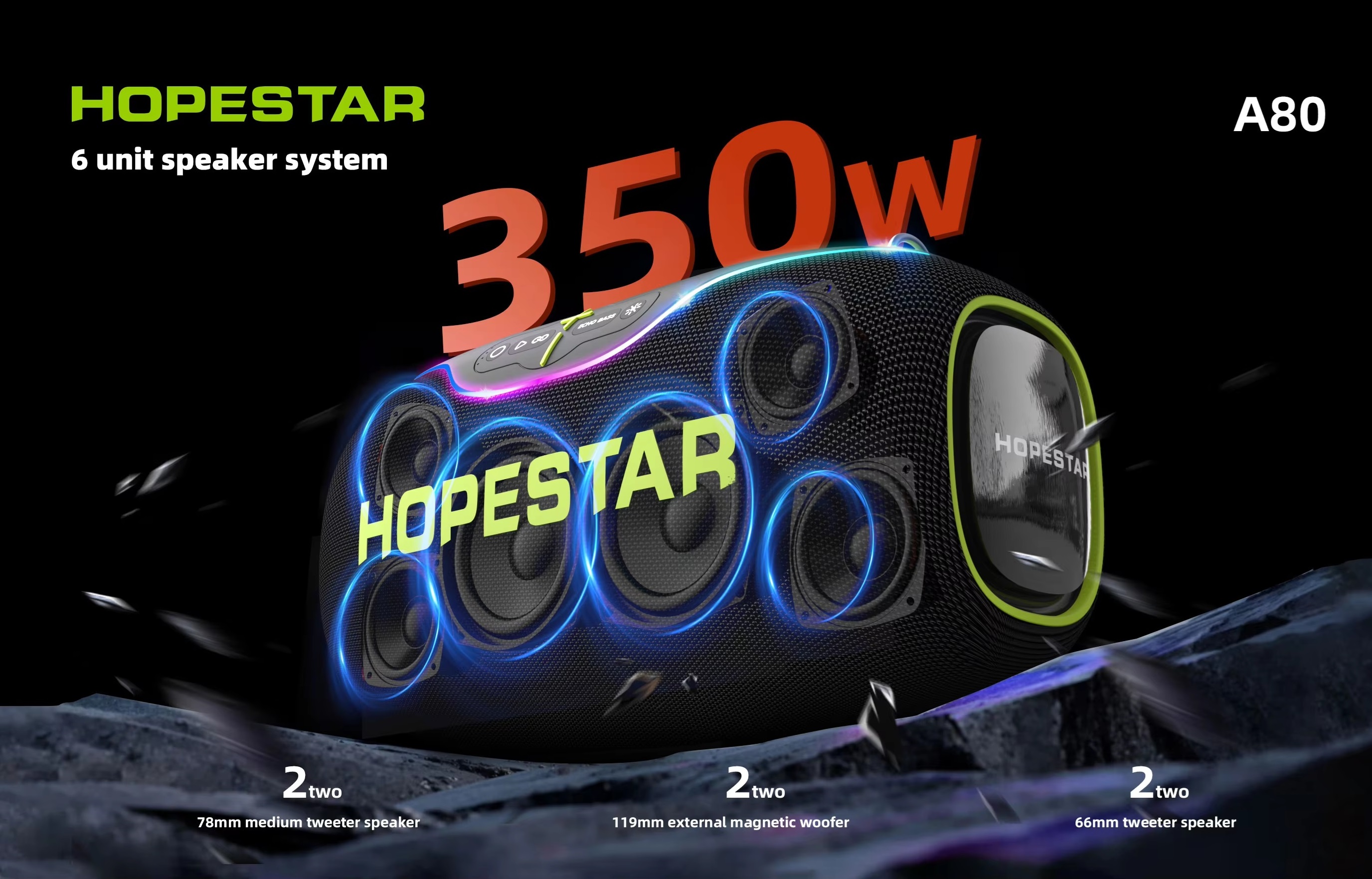 HOPESTAR A80 ลำโพงบลูทูธ 350W |ไมค์ลอย 1ตัว | กันน้ำ IPX6 | ปรับเบส 3 โหมด ของแท้ประกันศูนย์ไทย 1ปี - รายละเอียดสินค้า 2