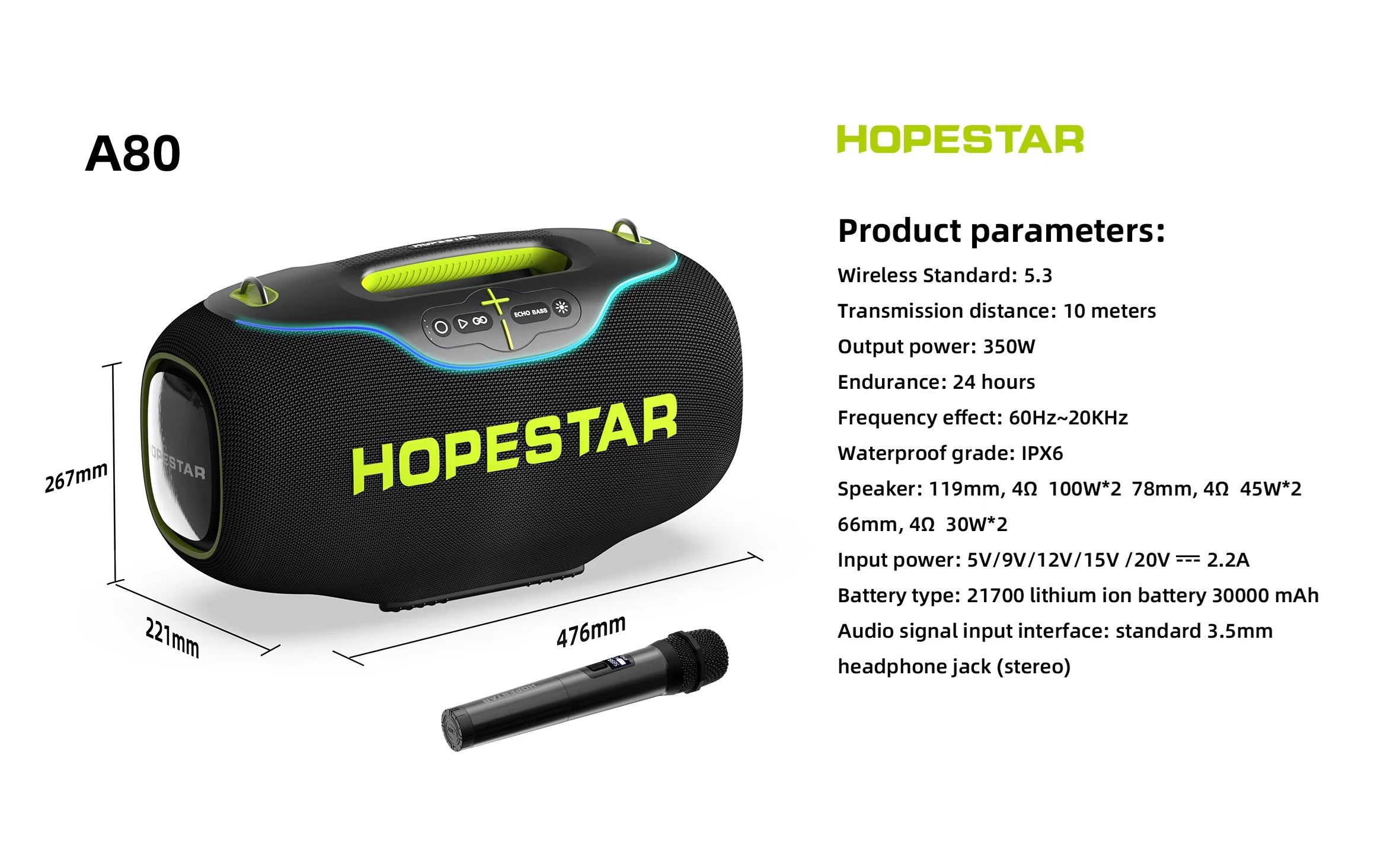 HOPESTAR A80 ลำโพงบลูทูธ 350W |ไมค์ลอย 1ตัว | กันน้ำ IPX6 | ปรับเบส 3 โหมด ของแท้ประกันศูนย์ไทย 1ปี - รายละเอียดสินค้า 9