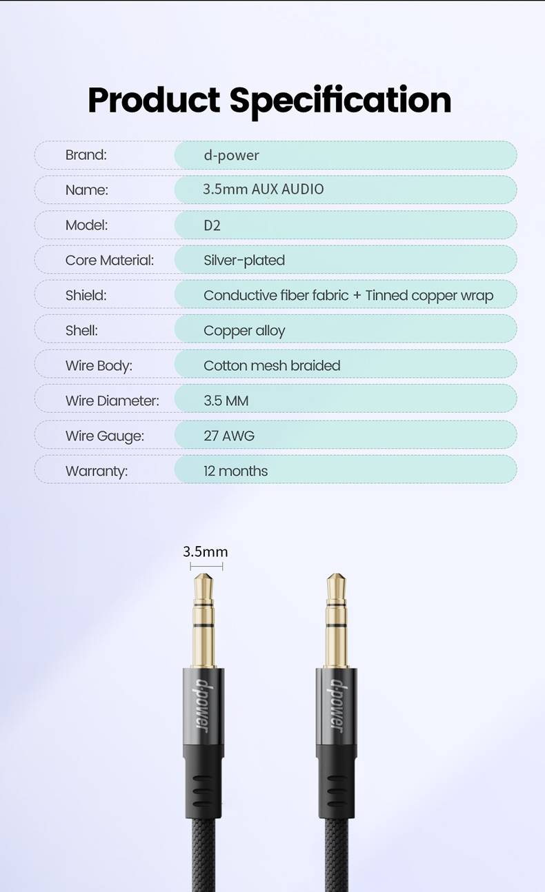 d-power HiFi AUX สายเคเบิ้ลแจ็ค 3.5 มม. 3.5 มม. ชุบเงิน สําหรับกีตาร์ หูฟังรถยนต์ รุ่น D2 ยาว 1.5 M - รายละเอียดสินค้า 14