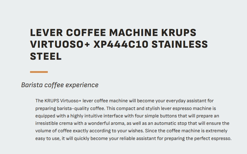 Tefal KRUPS เครื่องชงกาแฟเอสเปรสโซ รุ่น Virtuoso XP444C10 แรงดัน 15บาร์ ระบบThermoblock หัวตีฟองนมและอุ่นได้ - รายละเอียดสินค้า 1