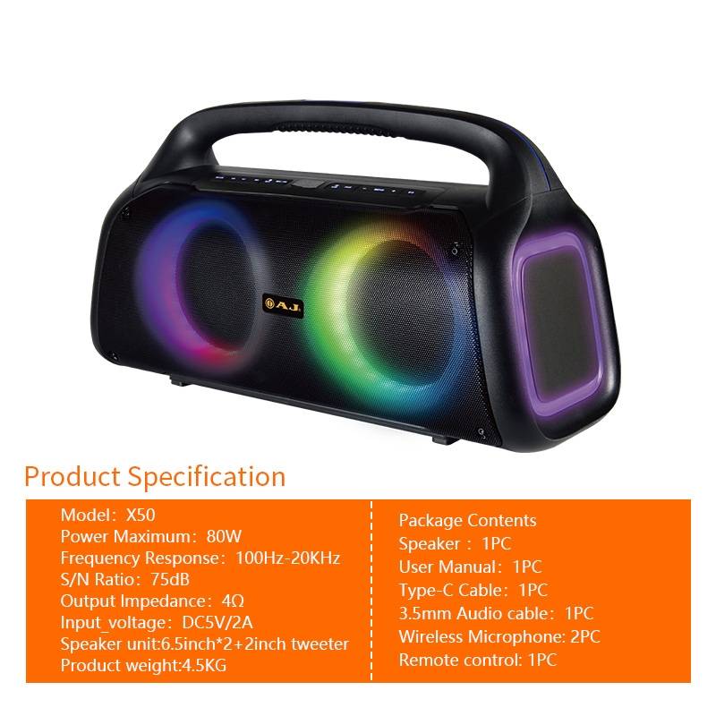 AJ ลำโพงบลูทูธ รุ่น X50 Super Bass กำลังขับ 80 วัตต์ พร้อมไมค์ลอย 2 ตัว มีไฟLED เสียงดี ประกัน 1 ปี - รายละเอียดสินค้า 3
