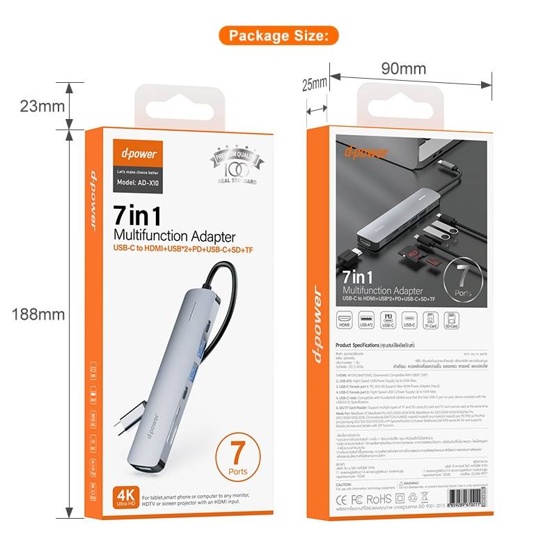 d-power ตัวแปลงสัญญาณ USB TYPE-C มัติพอร์ท 7 in 1 รุ่น AD-X10 (USB-C to HDMI+USB*2+PD+USB-C+SD+TF) - รายละเอียดสินค้า 12