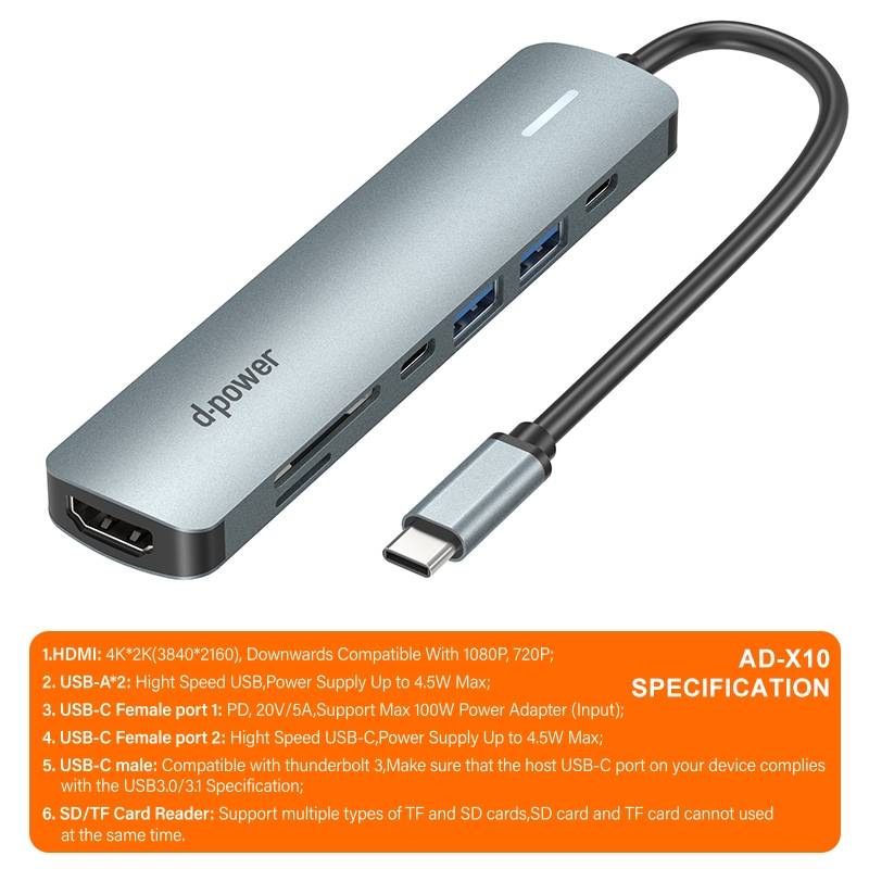 d-power ตัวแปลงสัญญาณ USB TYPE-C มัติพอร์ท 7 in 1 รุ่น AD-X10 (USB-C to HDMI+USB*2+PD+USB-C+SD+TF) - รายละเอียดสินค้า 18