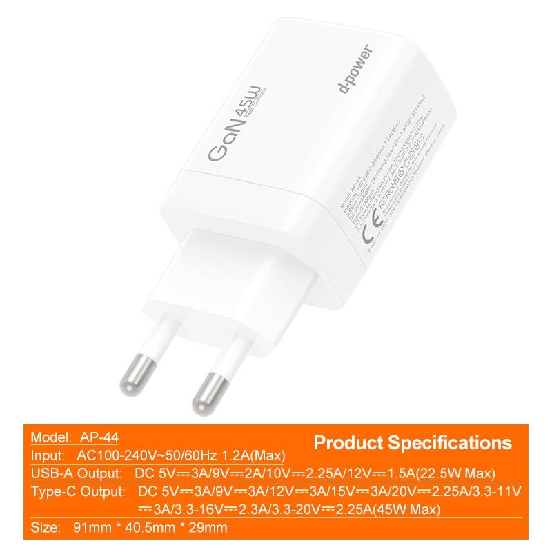 d-power Adapter GaN45W Fast Charger รุ่น AP-44  หัวชาร์จเร็ว PD 45W 2 พอร์ต Type C/USB-A - รายละเอียดสินค้า 3