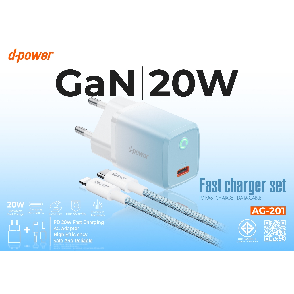 d-power ชุดชาร์จเร็ว 20W รุ่น AG-201 สาย Type-C to IP 1M รองรับ i6~14Pro max PD20W - รายละเอียดสินค้า 1