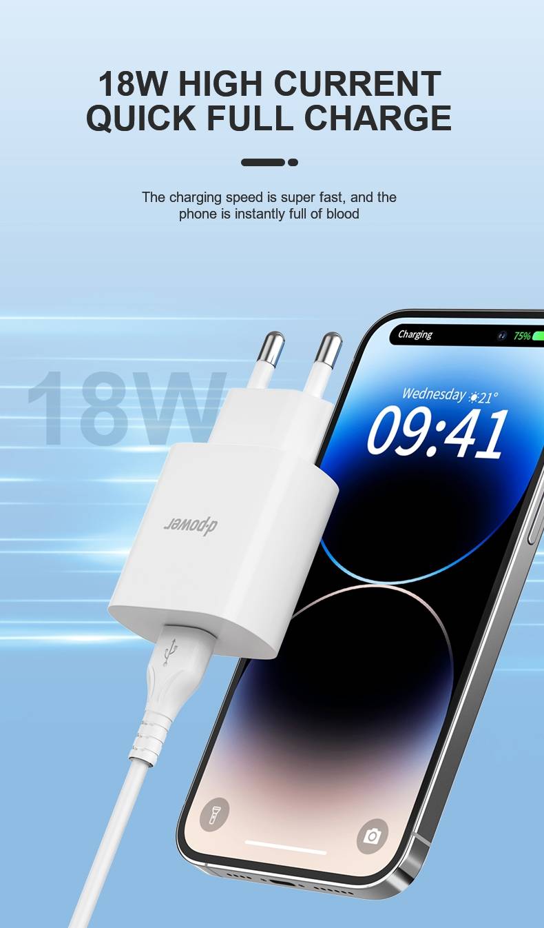 d-power หัวชาร์จด่วน 18W รุ่น QA-18 | Fast Charger Quick Charge 3.0 ขาปลั๊กกลม USB-A มอก. - รายละเอียดสินค้า 18